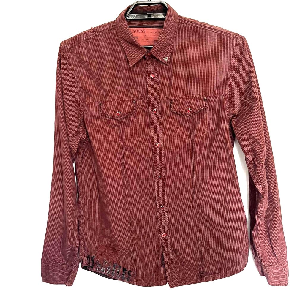 Guess Y2K Grunge Womens Shirt Sz L Red Studs Glass Snap Country Plaid  Rodeo
